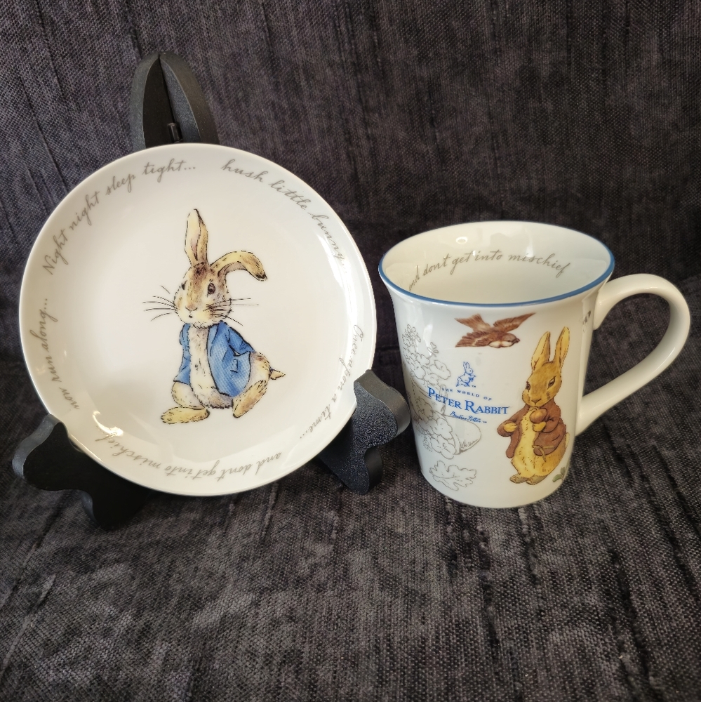 Beatrix Potter Peter Rabbit and Benjamin Bunny cup and plate set.